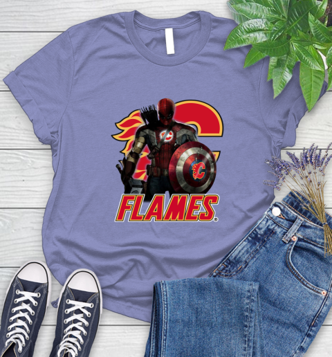 NHL Captain America Thor Spider Man Hawkeye Avengers Endgame Hockey Calgary Flames Women's T-Shirt 11