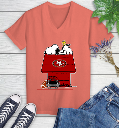 San Francisco 49ers NFL Football Snoopy Woodstock The Peanuts Movie Women's V-Neck T-Shirt 6