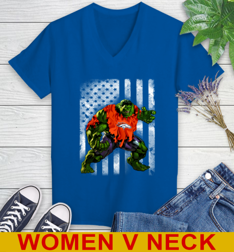 Denver Broncos Hulk Marvel Avengers NFL Football American Flag Women's V-Neck T-Shirt 9