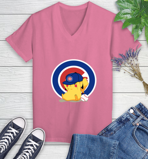 MLB Pikachu Baseball Sports Chicago Cubs Women's V-Neck T-Shirt 13
