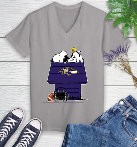 Baltimore Ravens NFL Football Snoopy Woodstock The Peanuts Movie Women's V-Neck T-Shirt 4