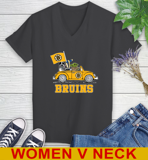 NHL Hockey Boston Bruins Darth Vader Baby Yoda Driving Star Wars Shirt Women's V-Neck T-Shirt 9