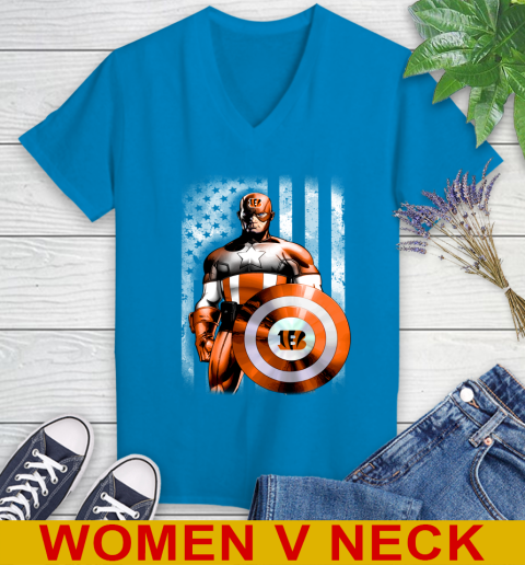 Cincinnati Bengals NFL Football Captain America Marvel Avengers American Flag Shirt Women's V-Neck T-Shirt 7