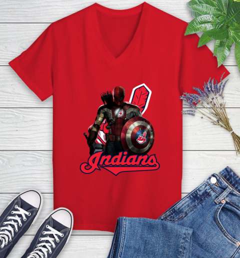 MLB Captain America Thor Spider Man Hawkeye Avengers Endgame Baseball Cleveland Indians Women's V-Neck T-Shirt 12