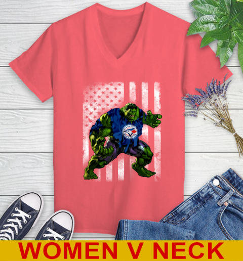 Toronto Blue Jays Hulk Marvel Avengers MLB Baseball American Flag Women's V-Neck T-Shirt 6