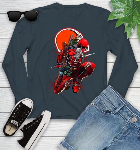 NFL Deadpool Marvel Comics Sports Football Cleveland Browns Youth Long Sleeve 8