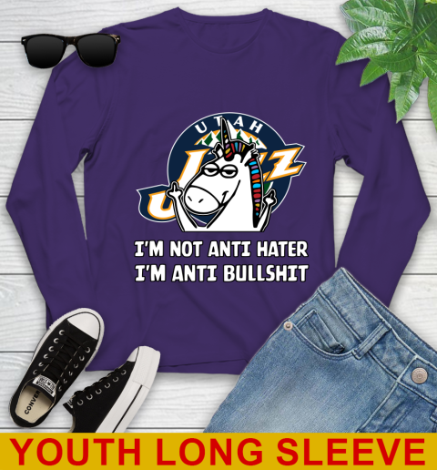 Utah Jazz NBA Basketball Unicorn I'm Not Anti Hater I'm Anti Bullshit Youth Long Sleeve 5