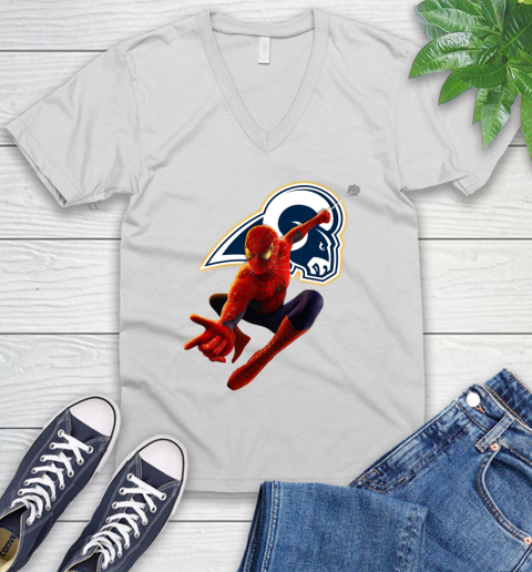 NFL Spider Man Avengers Endgame Football Los Angeles Rams V-Neck T-Shirt