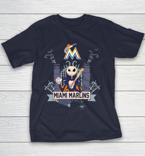MLB Miami Marlins Baseball Jack Skellington Halloween Youth T-Shirt 3 MLB Miami Marlins Baseball Jack Skellington Halloween Youth T-Shirt - Image 3