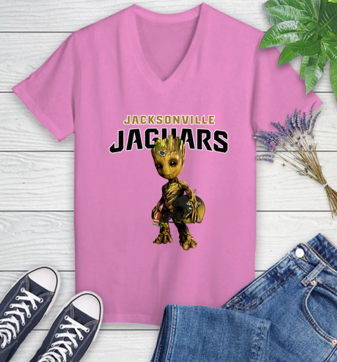 Jacksonville Jaguars NFL Football Groot Marvel Guardians Of The Galaxy Women's V-Neck T-Shirt 14