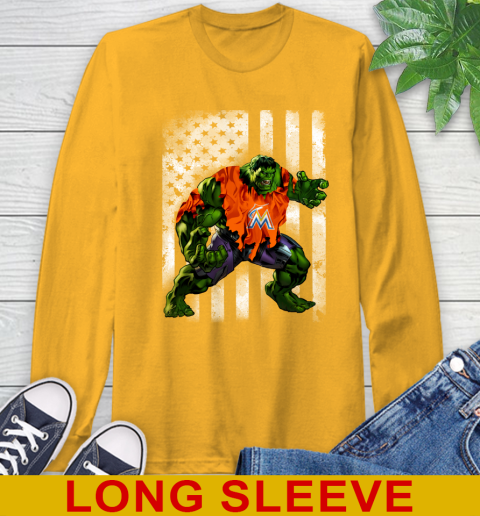 Miami Marlins Hulk Marvel Avengers MLB Baseball American Flag Long Sleeve T-Shirt 2