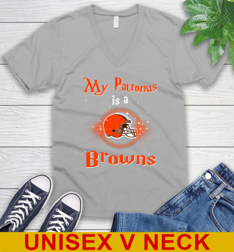 NFL Football Harry Potter My Patronus Is A Cleveland Browns V-Neck T-Shirt 3