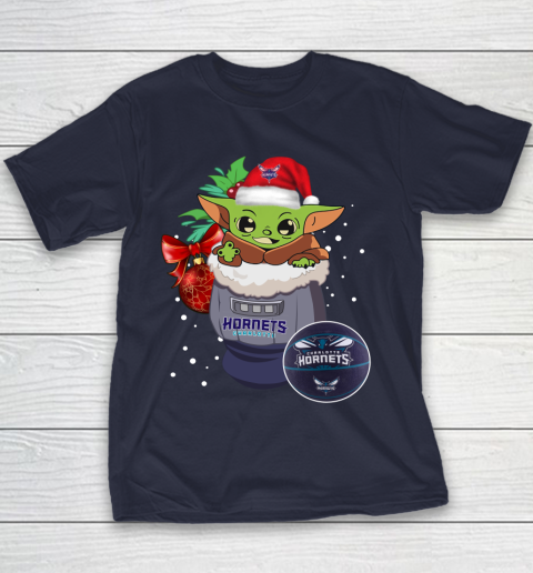 Charlotte Hornets Christmas Baby Yoda Star Wars Funny Happy NBA Youth T-Shirt 4
