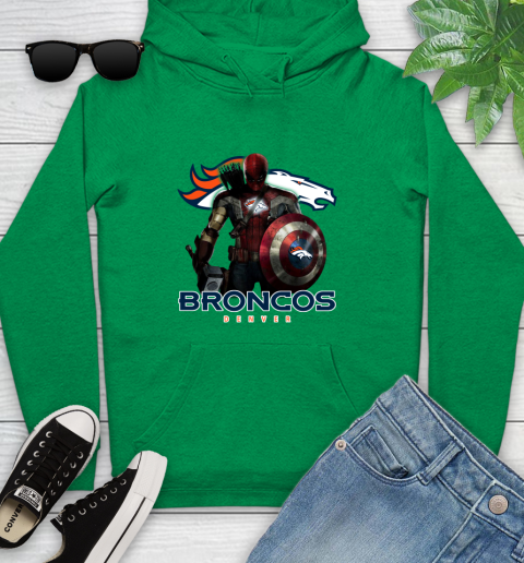 NFL Captain America Thor Spider Man Hawkeye Avengers Endgame Football Denver Broncos Youth Hoodie 7