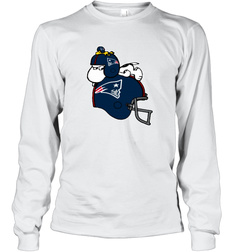 ybou snoopy and woodstock resting on new englands patriots helmet long sleeve tee 14 front white