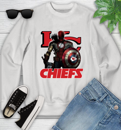 NFL Captain America Thor Spider Man Hawkeye Avengers Endgame Football Kansas City Chiefs Youth Sweatshirt