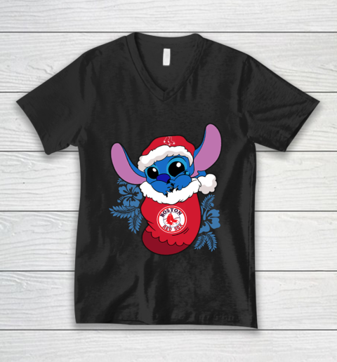 Boston Red Sox Christmas Stitch In The Sock Funny Disney MLB V-Neck T-Shirt