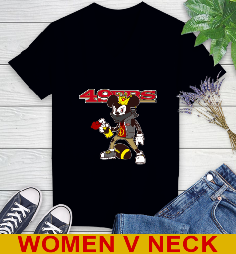 San Francisco 49ers NFL Football Mickey Peace Sign Sports Women's V-Neck T-Shirt 2
