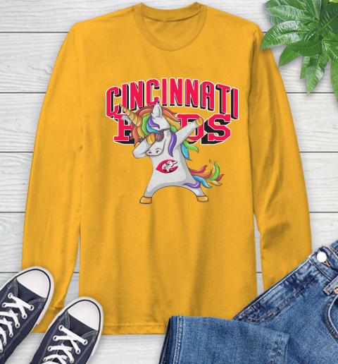 Cincinnati Reds MLB Baseball Funny Unicorn Dabbing Sports Long Sleeve T-Shirt 3