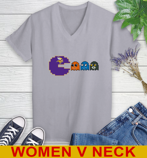 Minnesota Vikings NFL Football Pac Man Champion Women's V-Neck T-Shirt 5