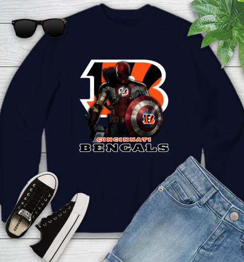 NFL Captain America Thor Spider Man Hawkeye Avengers Endgame Football Cincinnati Bengals Youth Sweatshirt 3