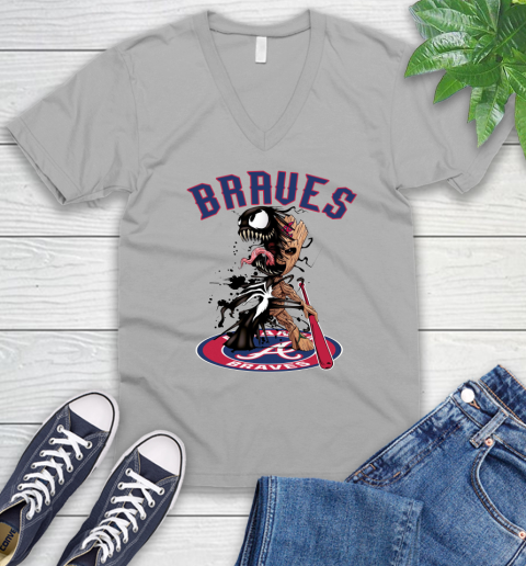 MLB Atlanta Braves Baseball Venom Groot Guardians Of The Galaxy V-Neck T-Shirt 4
