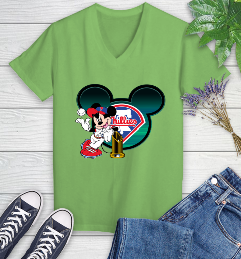 MLB Philadelphia Phillies The Commissioner's Trophy Mickey Mouse Disney Women's V-Neck T-Shirt 11
