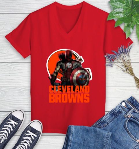 NFL Captain America Thor Spider Man Hawkeye Avengers Endgame Football Cleveland Browns Women's V-Neck T-Shirt 12