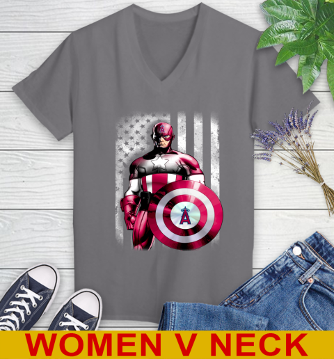Los Angeles Angels MLB Baseball Captain America Marvel Avengers American Flag Shirt Women's V-Neck T-Shirt 11