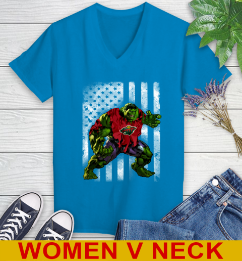 Minnesota Wild Hulk Marvel Avengers NHL Hockey American Flag Women's V-Neck T-Shirt 7