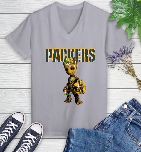 Green Bay Packers NFL Football Groot Marvel Guardians Of The Galaxy Women's V-Neck T-Shirt 4
