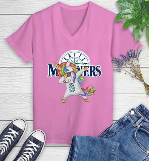 Seattle Mariners MLB Baseball Funny Unicorn Dabbing Sports Women's V-Neck T-Shirt 14