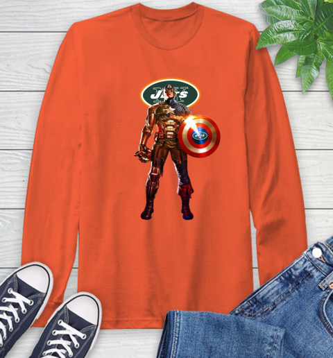NFL Captain America Marvel Avengers Endgame Football Sports New York Jets Long Sleeve T-Shirt 5