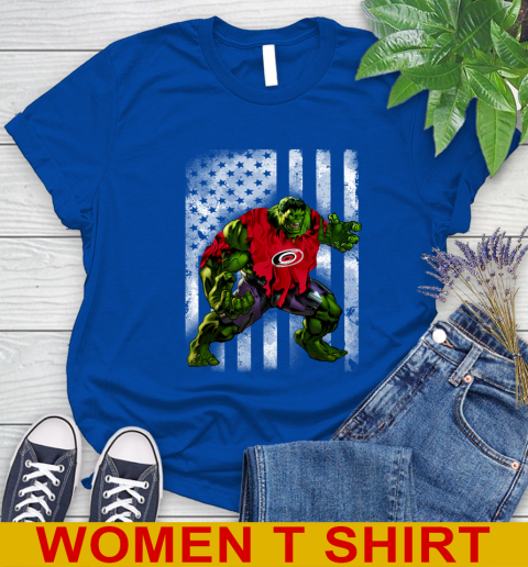 Carolina Hurricanes Hulk Marvel Avengers NHL Hockey American Flag Women's T-Shirt 10