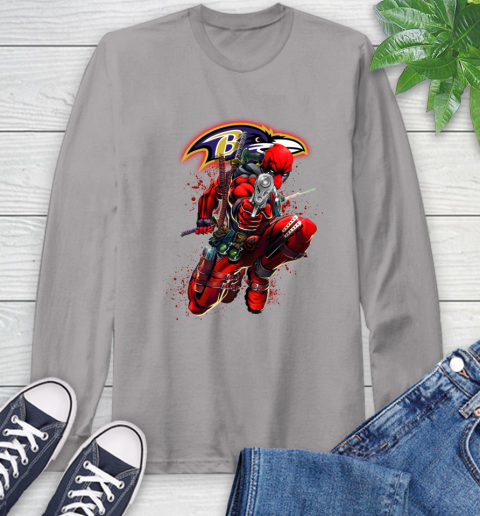 NFL Deadpool Marvel Comics Sports Football Baltimore Ravens Long Sleeve T-Shirt 6