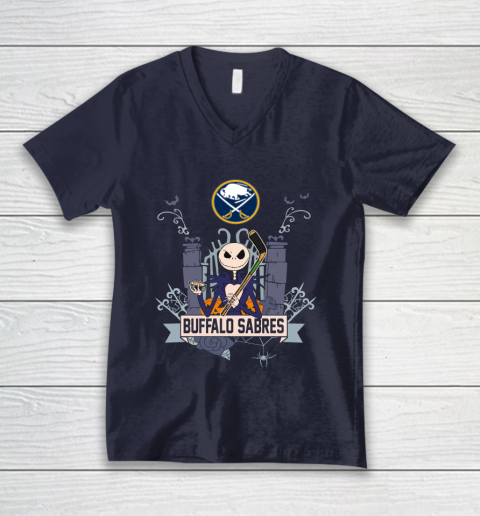 NHL Buffalo Sabres Hockey Jack Skellington Halloween V-Neck T-Shirt 2