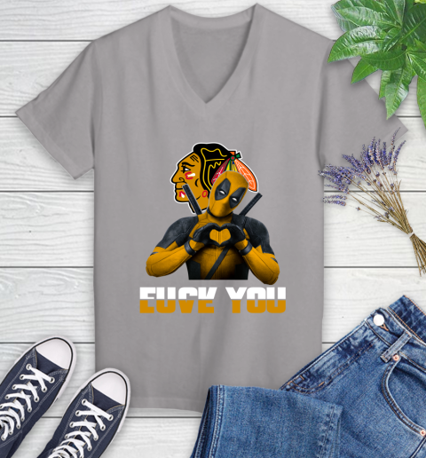 NHL Chicago Blackhawks Deadpool Love You Fuck You Hockey Sports Women's V-Neck T-Shirt 4