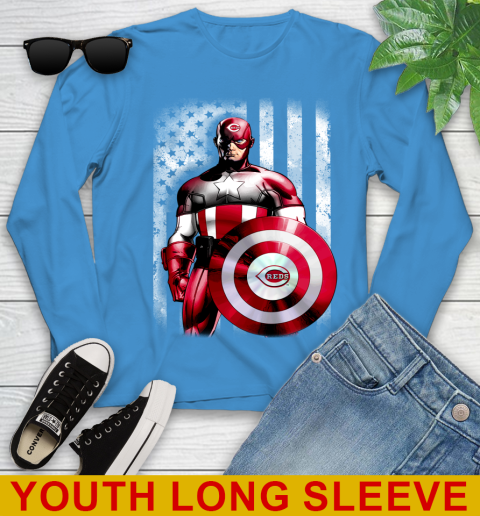 Cincinnati Reds MLB Baseball Captain America Marvel Avengers American Flag Shirt Youth Long Sleeve 8