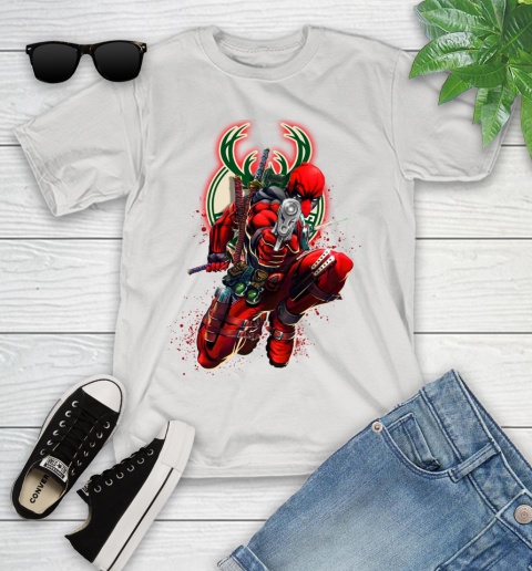 NBA Deadpool Marvel Comics Sports Basketball Milwaukee Bucks Youth T-Shirt