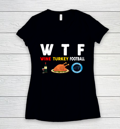 Carolina Panthers Giving Day WTF Wine Turkey Football NFL Women's V-Neck T-Shirt