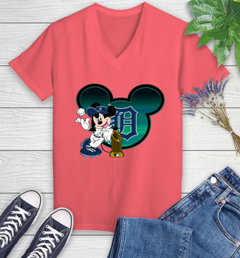 MLB Detroit Tigers The Commissioner's Trophy Mickey Mouse Disney Women's V-Neck T-Shirt 6