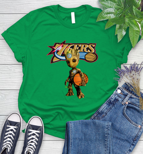 Philadelphia 76ers NBA Basketball Groot Marvel Guardians Of The Galaxy Women's T-Shirt 6