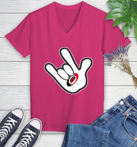 Carolina Hurricanes NHL Hockey Mickey Rock Hand Disney Women's V-Neck T-Shirt 9
