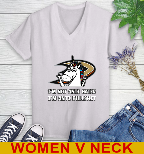 Anaheim Ducks NHL Hockey Unicorn I'm Not Anti Hater I'm Anti Bullshit Women's V-Neck T-Shirt