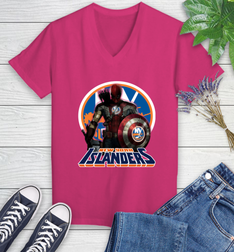 NHL Captain America Thor Spider Man Hawkeye Avengers Endgame Hockey New York Islanders Women's V-Neck T-Shirt 9