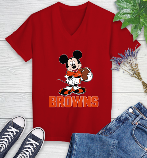 NFL Football Cleveland Browns Cheerful Mickey Mouse Shirt Women's V-Neck T-Shirt 10
