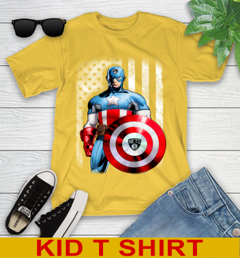 Brooklyn Nets NBA Basketball Captain America Marvel Avengers American Flag Shirt Youth T-Shirt 9