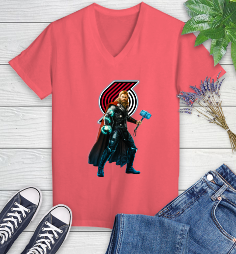 NBA Thor Avengers Endgame Basketball Portland Trail Blazers Women's V-Neck T-Shirt 6
