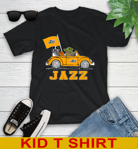 NBA Basketball Utah Jazz Darth Vader Baby Yoda Driving Star Wars Shirt Youth T-Shirt 2