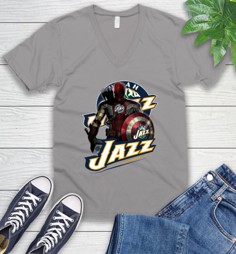 Utah Jazz NBA Basketball Captain America Thor Spider Man Hawkeye Avengers V-Neck T-Shirt 4